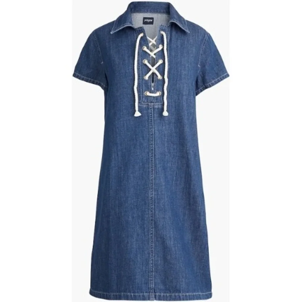 J. Crew Denim Chambray‎ Lace Up Shirt Dress Blue Size 2 Short Sleeve NWOT  $98